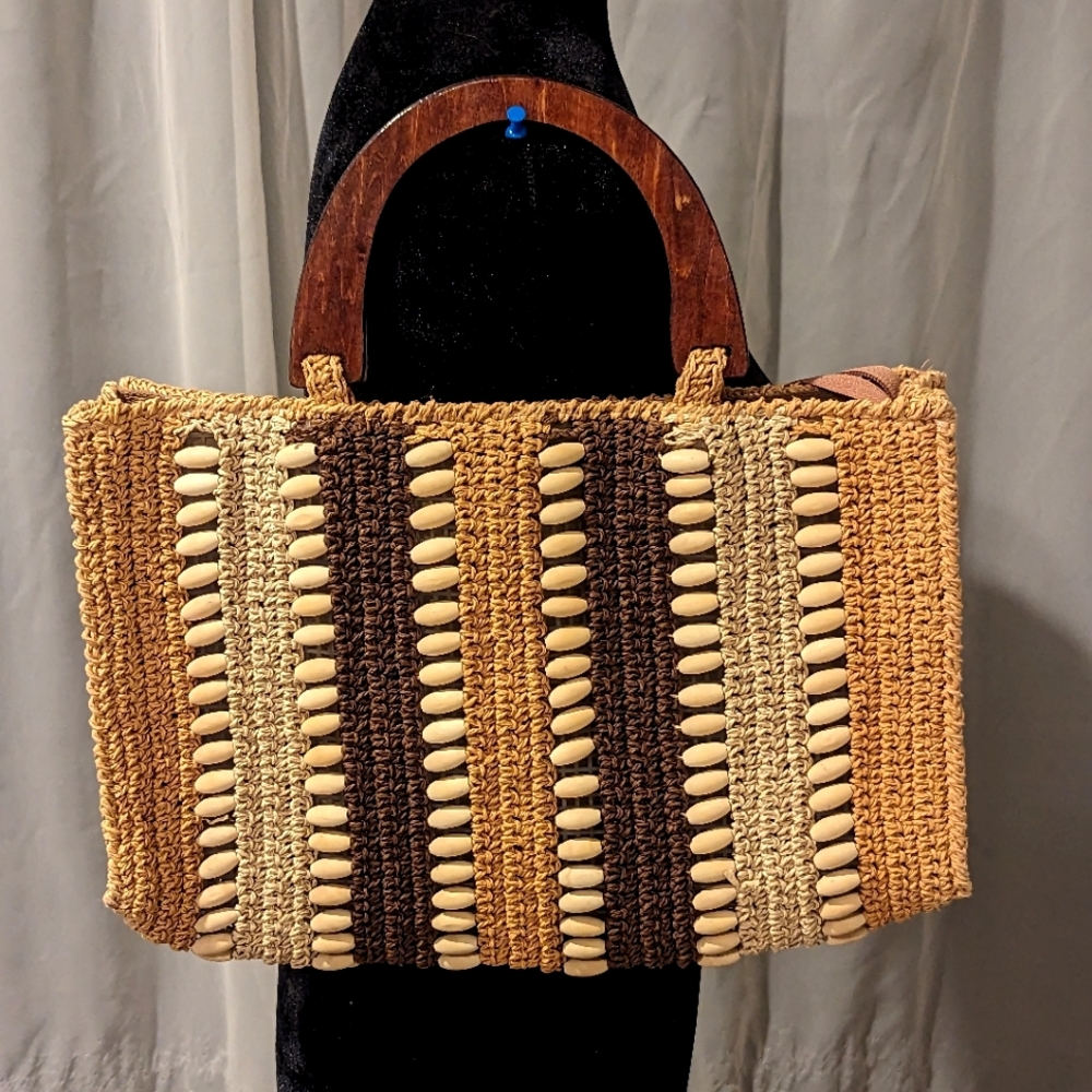 Hemp Beaded Wooden-Handle Handbag